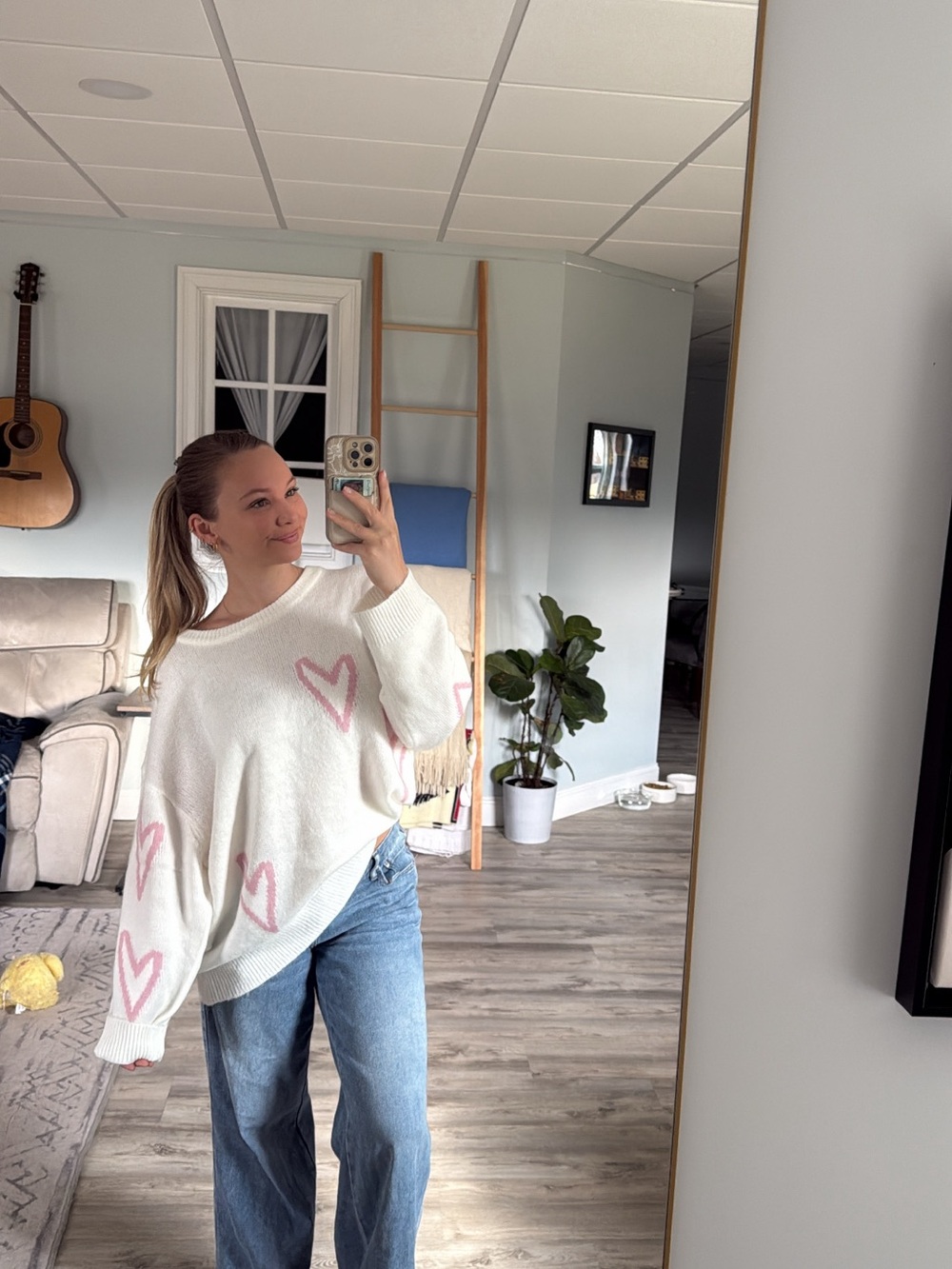 Women's Cream Heart-Print Sweater - Casual Cozy Pullover